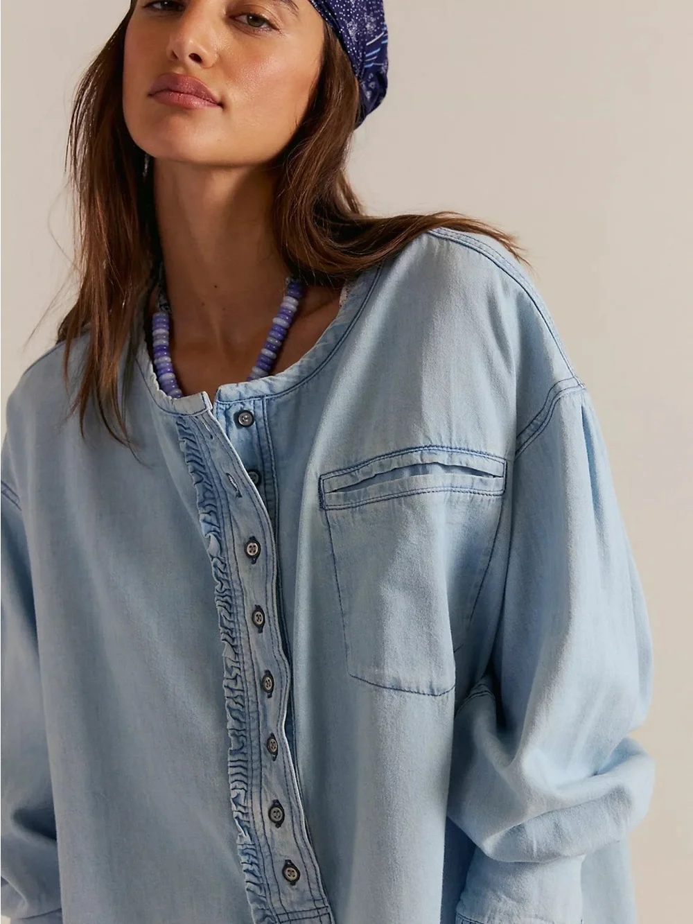 Free People Bohemian Oversized Denim Chambray Dreaming Pullover Tunic Shirt XS